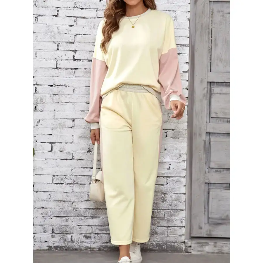Block Round Neck Top and Pants Set