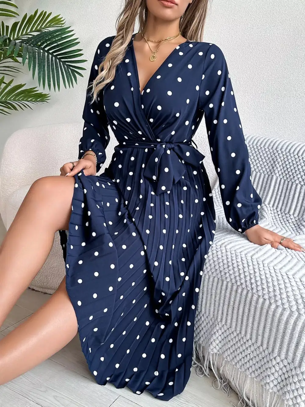 Polka Dot Pleated Midi Dress