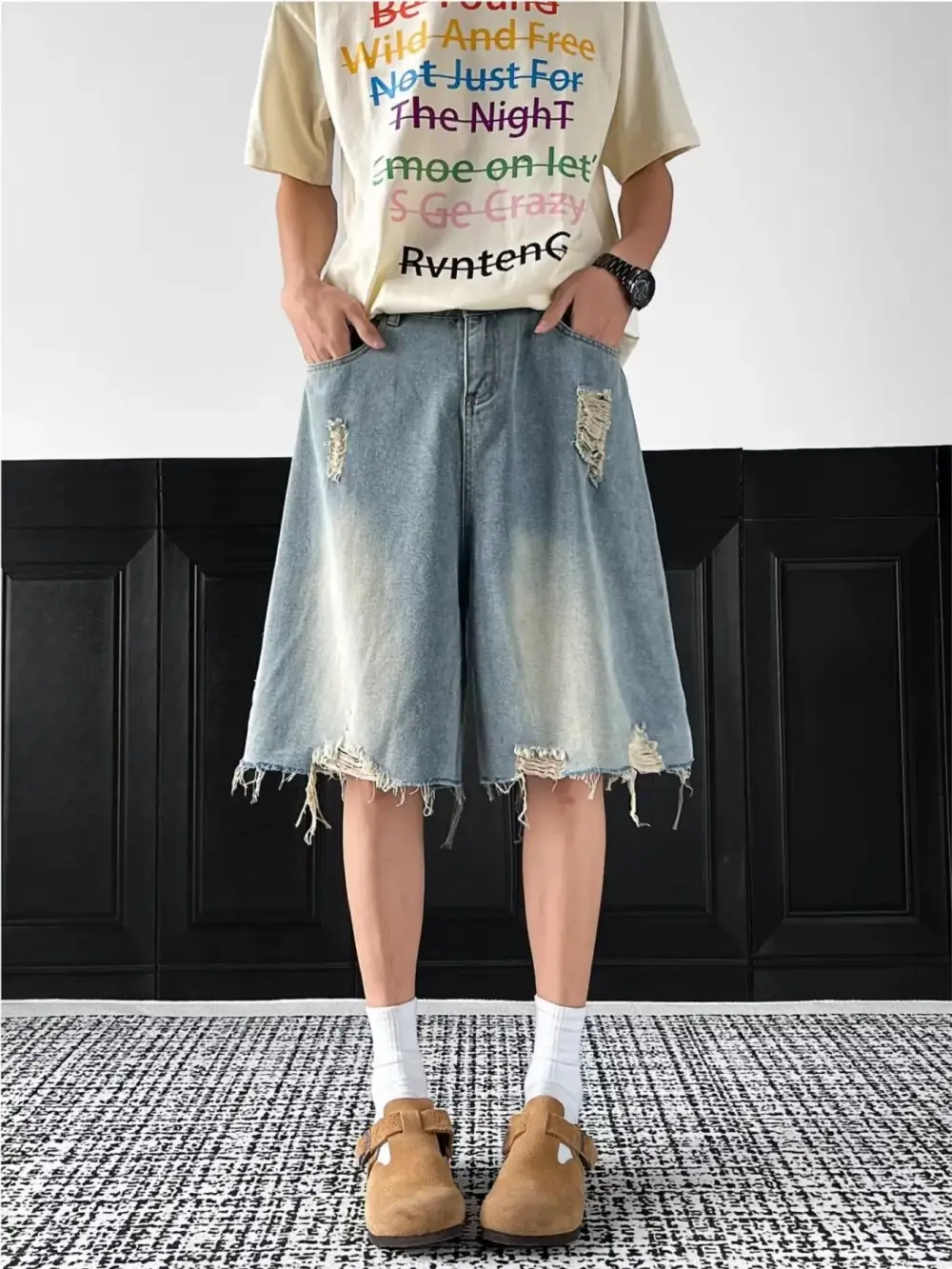 Men's Full Size Distressed Wide Leg Denim Shorts