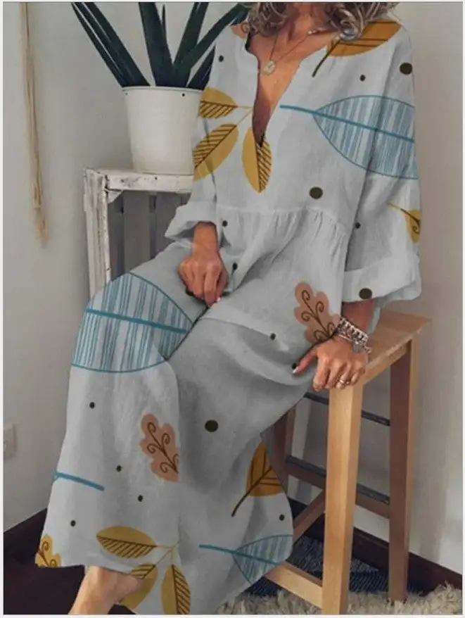V-neck print loose long sleeve long dress for women