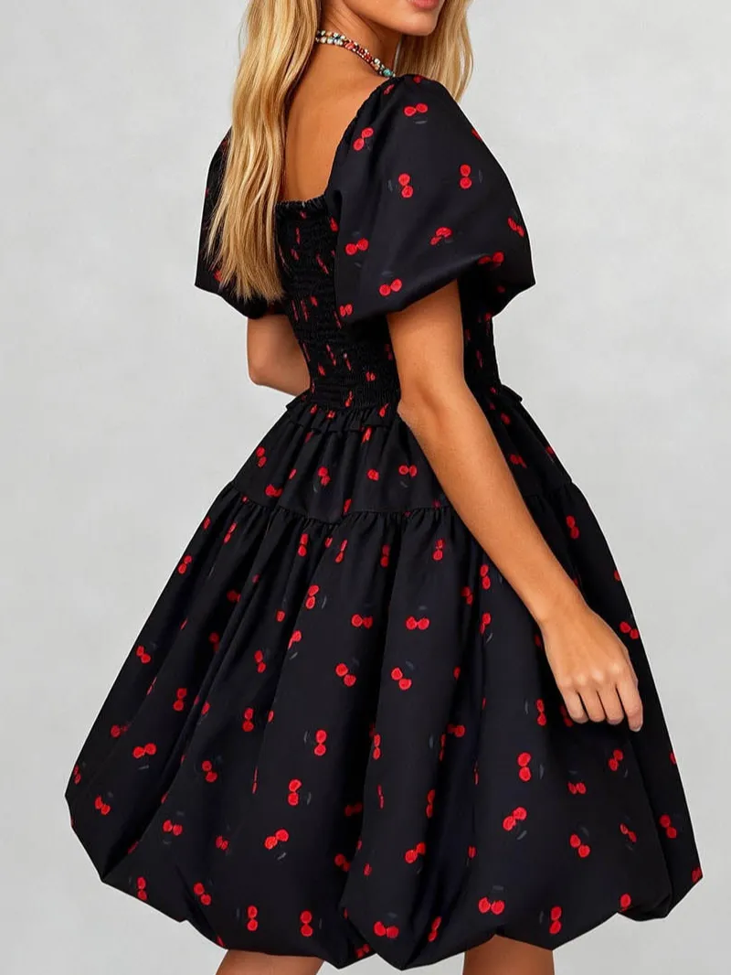 Square Neck Cherry Puff Sleeves Mini Dress