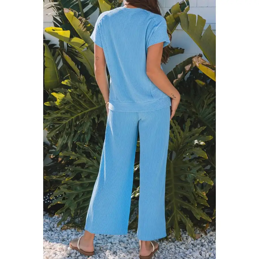 Ribbed Knit Round Neck Top and Pants Casual Set
