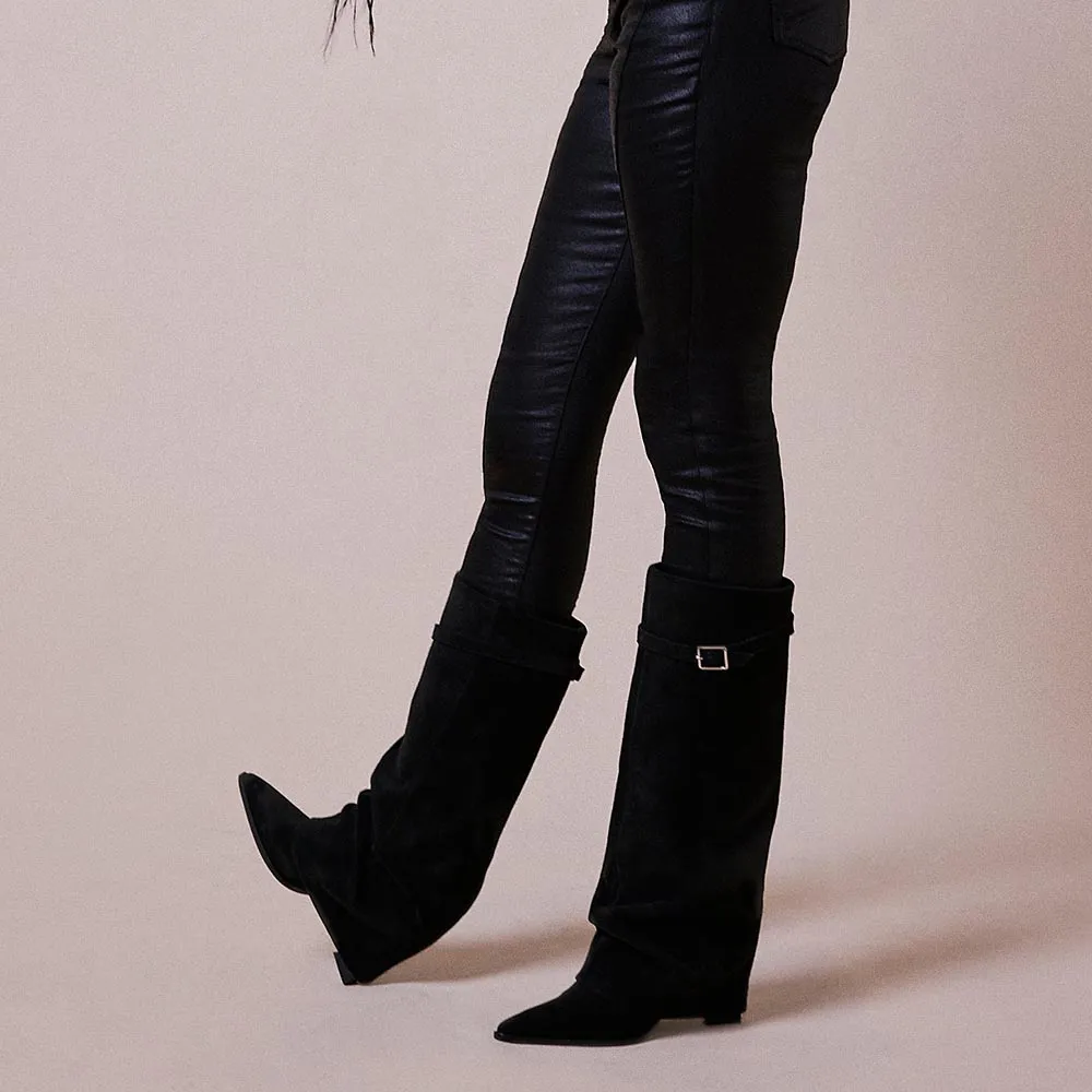 Faux-Suede Strappy Pointed-Toe Chunky-Heel Knee-High Boots