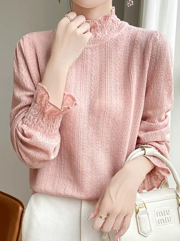 Long Sleeve Relaxed Elasticity Ruffle Trim Mock Neck T-Shirt
