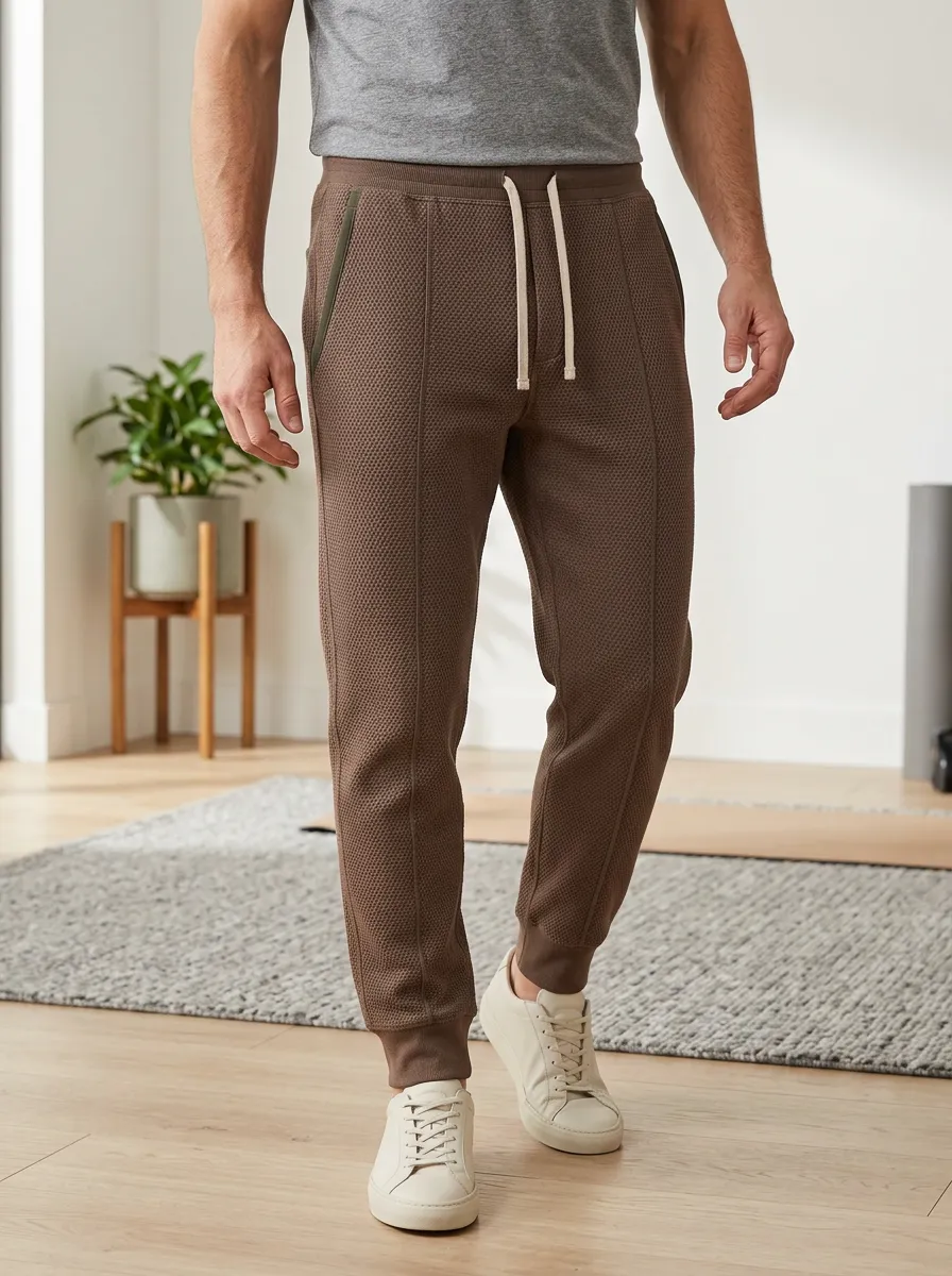 Men's Brown Waffle Knit Drawstring Athletic Jogger Pants