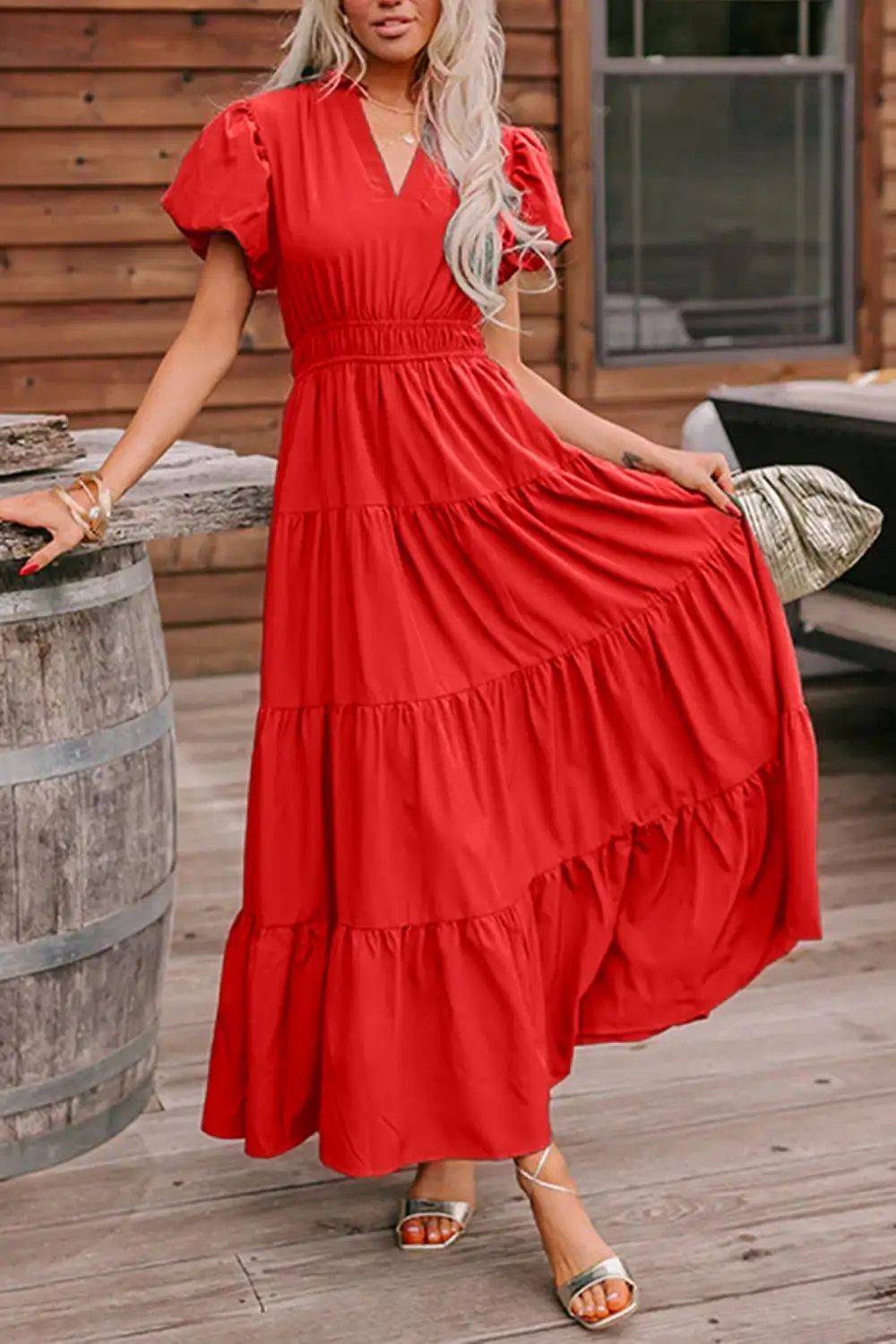 Soft Touch V Neck Tiered Puff Sleeve Maxi Dress