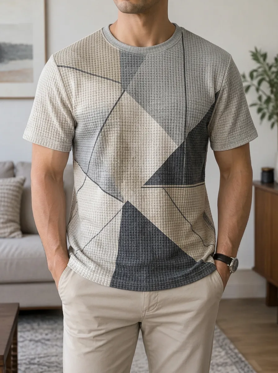 Men's Geometric Pattern Waffle Knit Classic Crew Neck T-Shirt