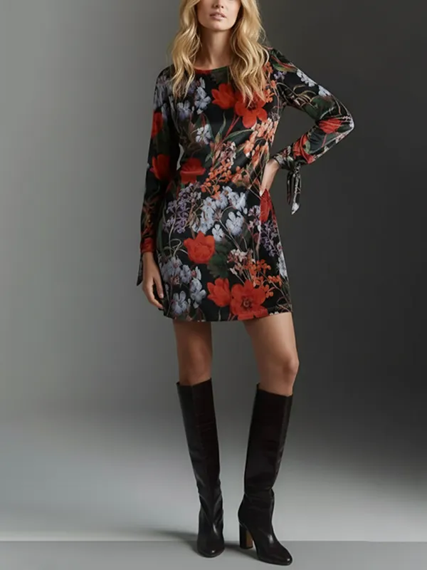 Long Sleeve Contrast Color Flower Print Split Joint Tied Round Neck