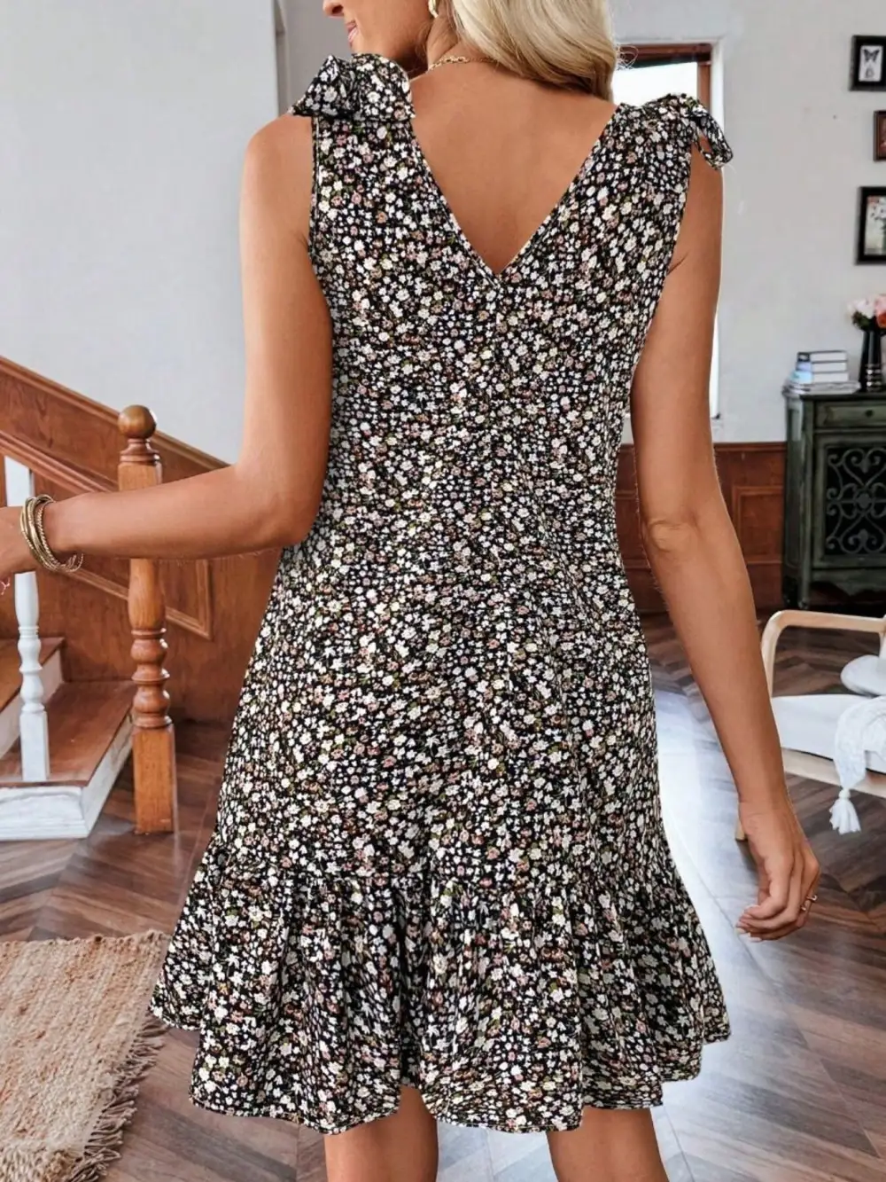 Print Tie Strap Ruffle Hem Mini Dress