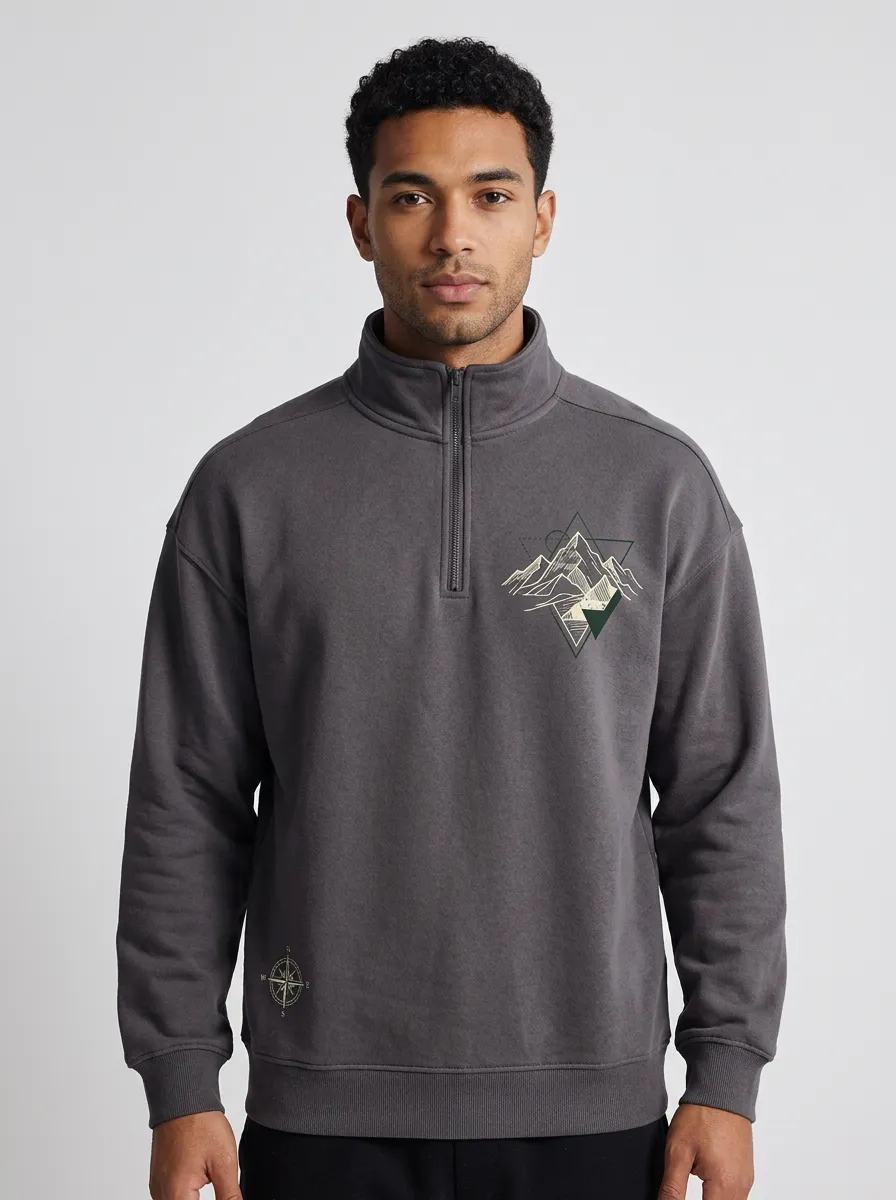 Men's Canyon Outdoor Mountain Compass Graphic Quarter-Zip-Neck Sweatshirt