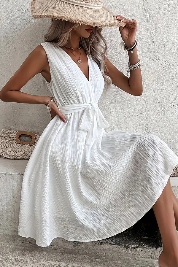 Neck Solid Color Tie Waist Casual Dress