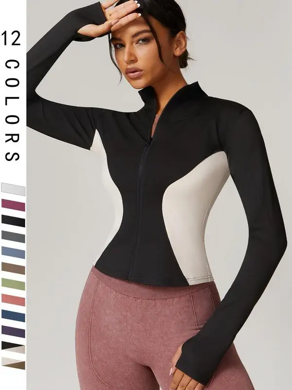 Women’s Zip Up Sports Jacket – Tight Long Sleeve Sports Top for Spring Indoor & Outdoor Workouts