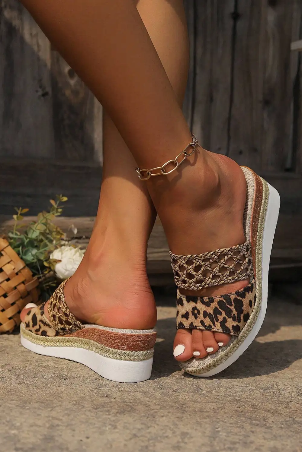 Leopard Print Braided Details Wedge Slide Slippers