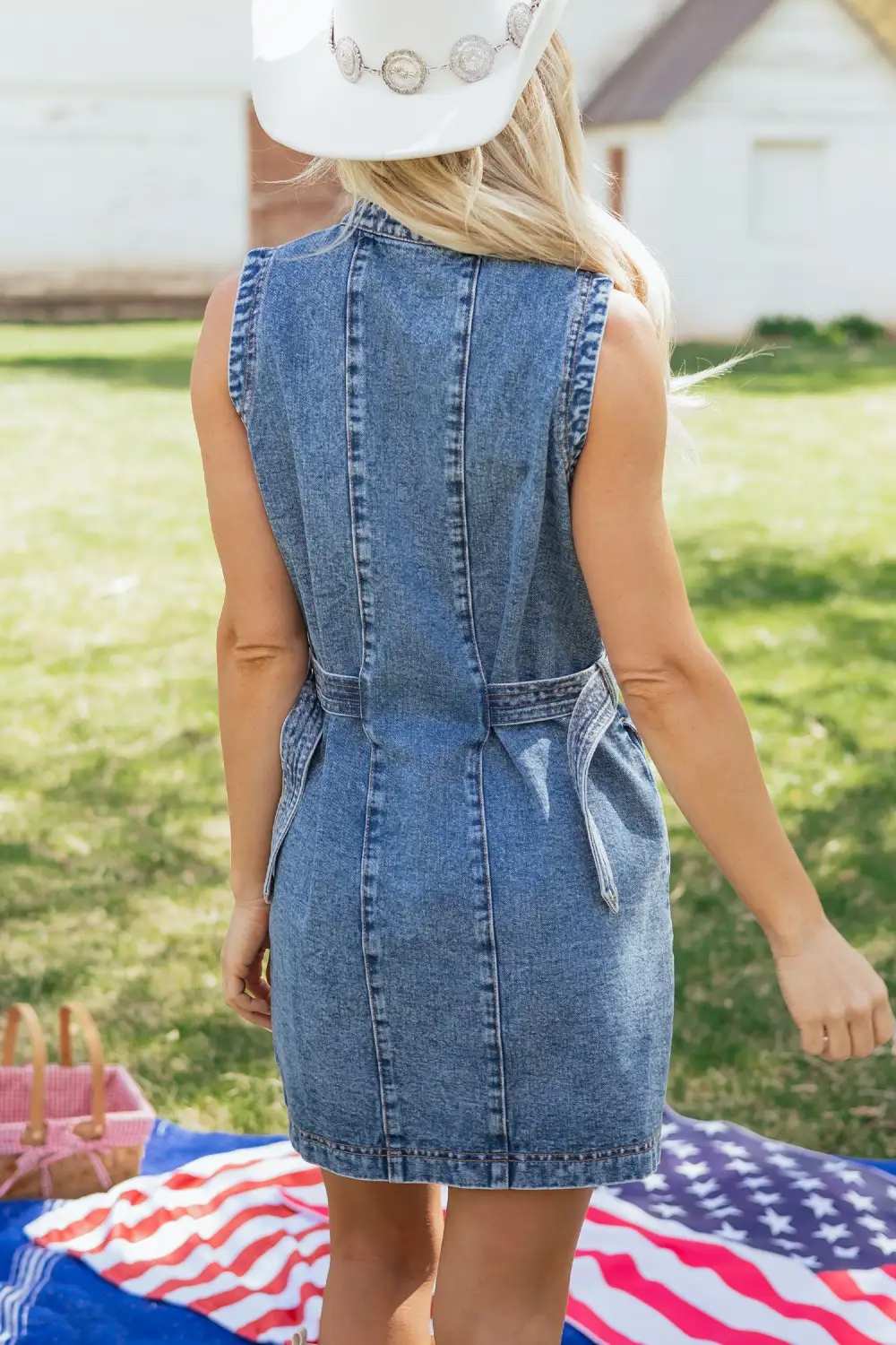 Polished Detail Denim Button Front Sleeveless Dress