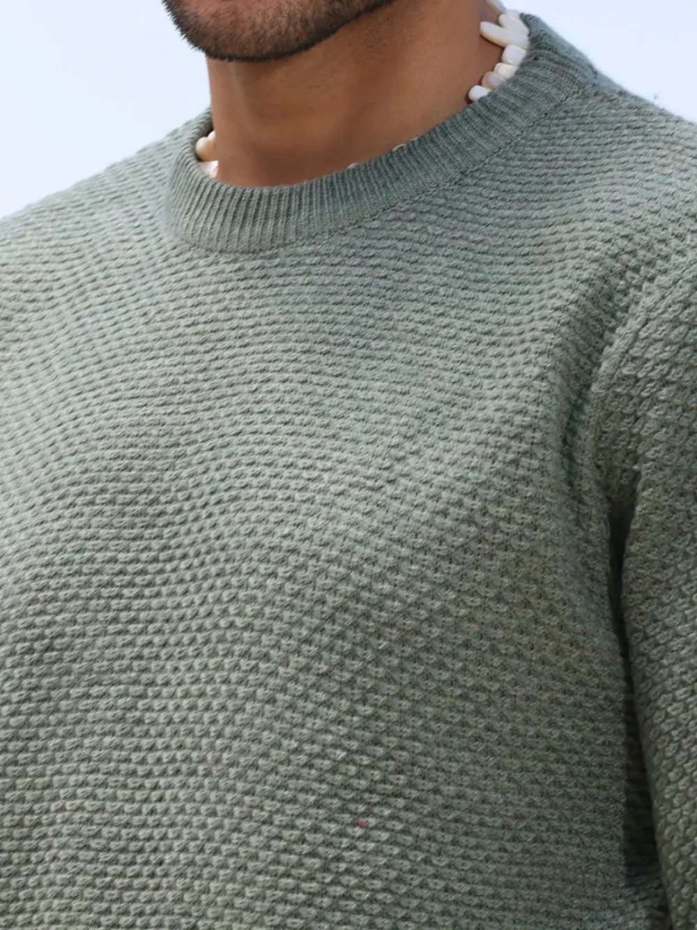 Green Textured Knit Pullover Sweater