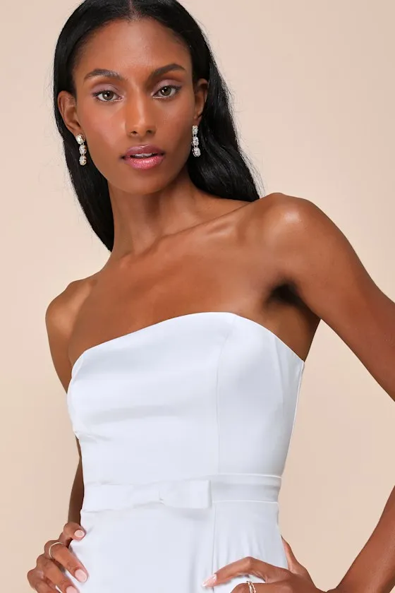 Adorable Chicness White Satin Strapless Bow Mini Dress