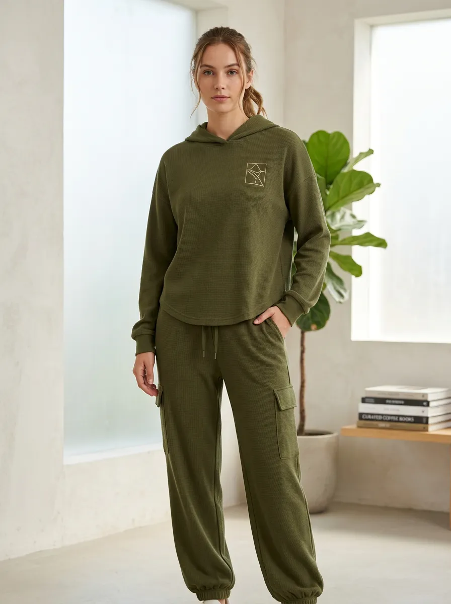 Women's Minimalist Geometric Line Art Printed Waffle Knit Hoodie Jogger Set