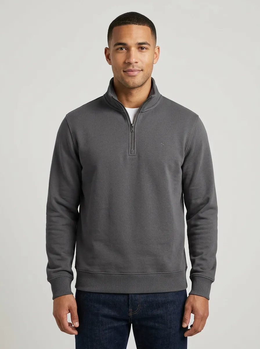 Men's Streamlined Minimalist Textured Embroidered Emblem Quarter-Zip Sweatshirt