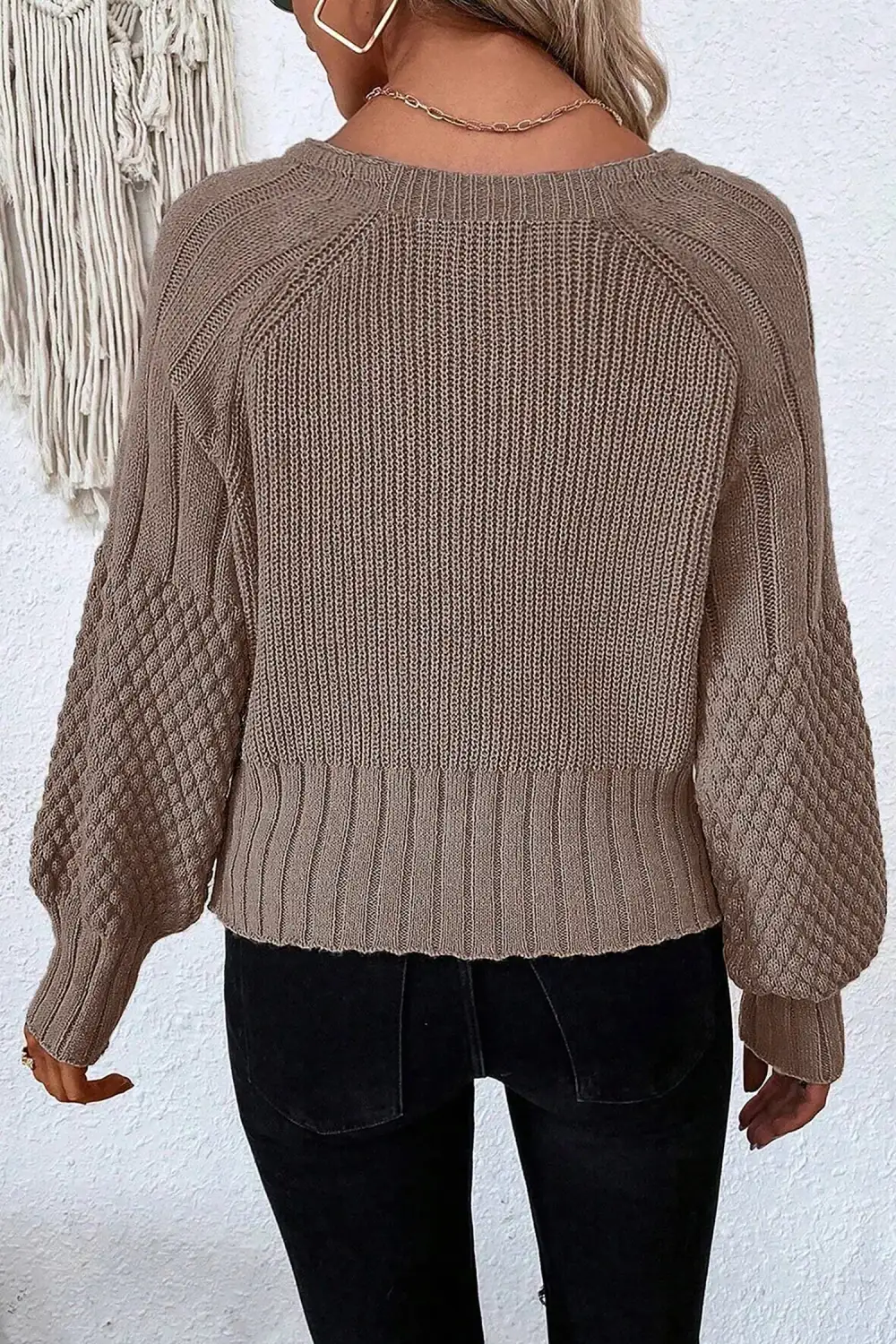 Mixed Texture Knit Button V Neck Button Front Cardigan