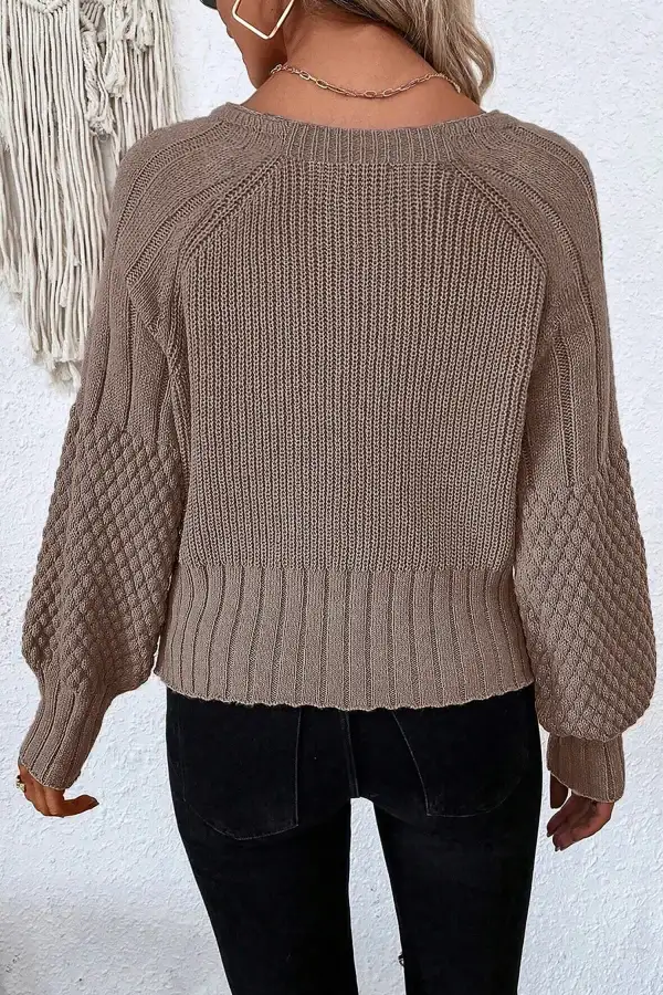 Mixed Texture Knit Button V Neck Button Front Cardigan