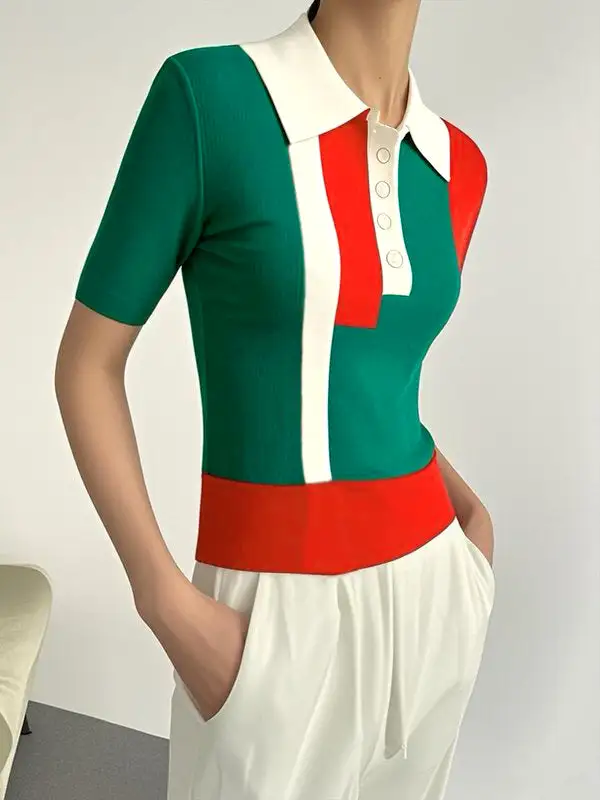 Short Sleeve Slim Fit Button Detail Contrast Lapel T-Shirt