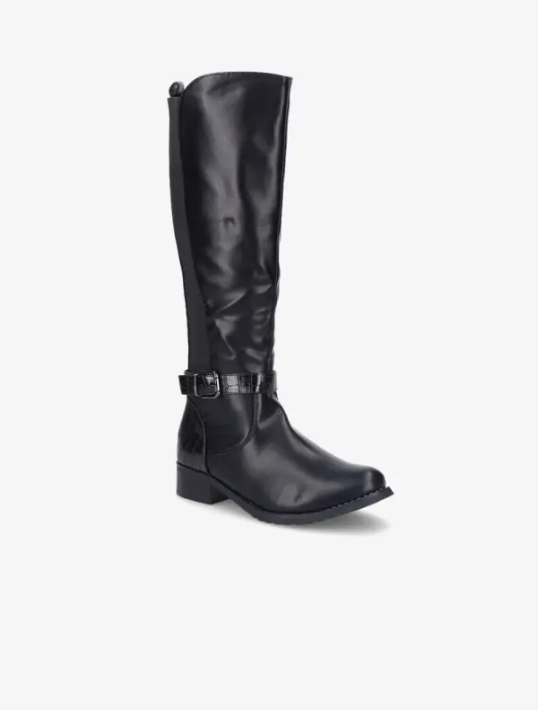 Everyday Strap Detail Block Heel Faux Leather Knee High Boots