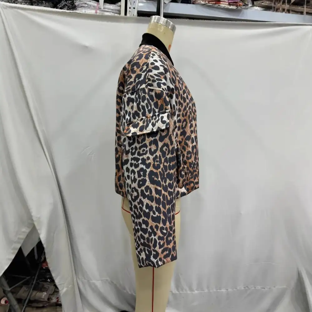 Cropped Leopard Print Zip Front Utility Pocket Bomber Jacket