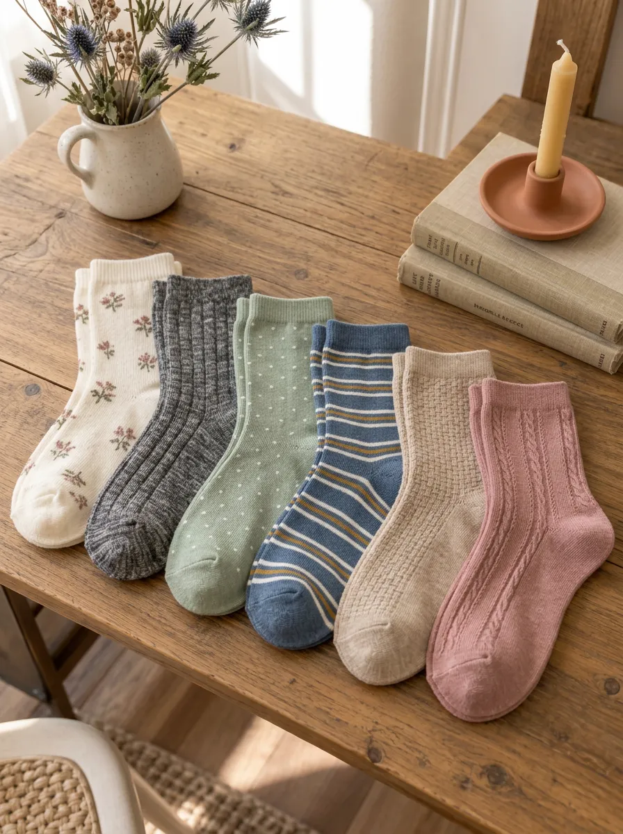 Women's Assorted Floral Polka Dot Waffle Knit Cable Knit Ribbed Striped Heathered 6-Pack Crew Sock Set