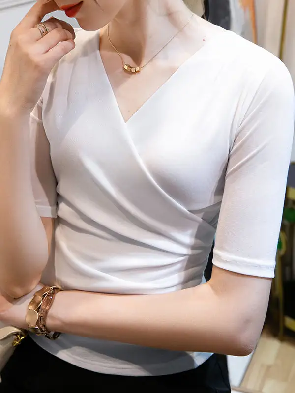 Half Sleeve Slim Fit Pleat Detail V-Neck T-Shirt