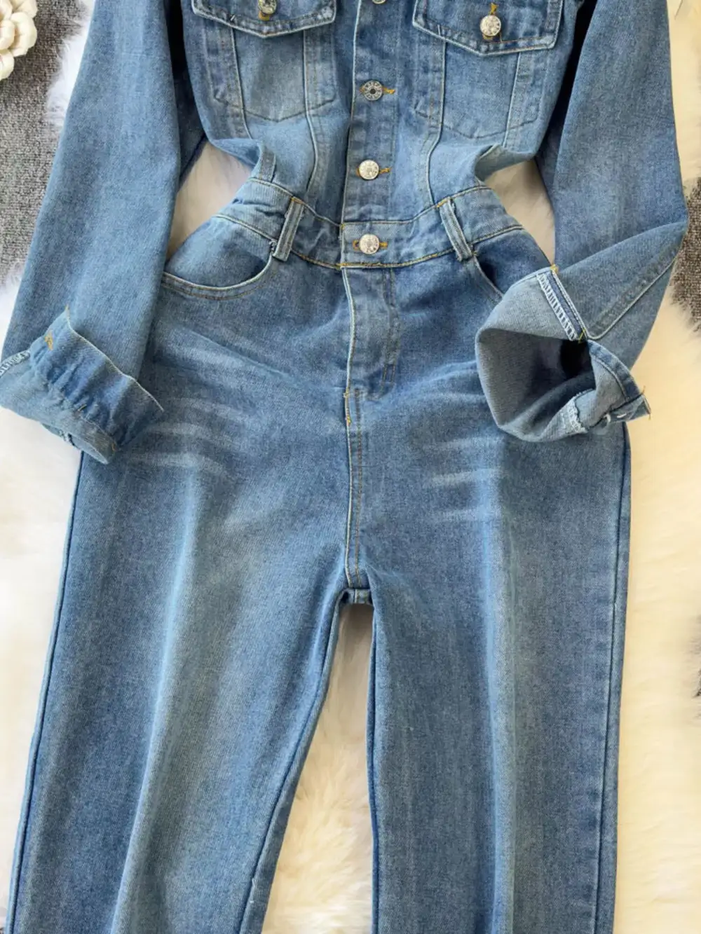 Button Front Wide Leg Jumpsuit Denim Pants
