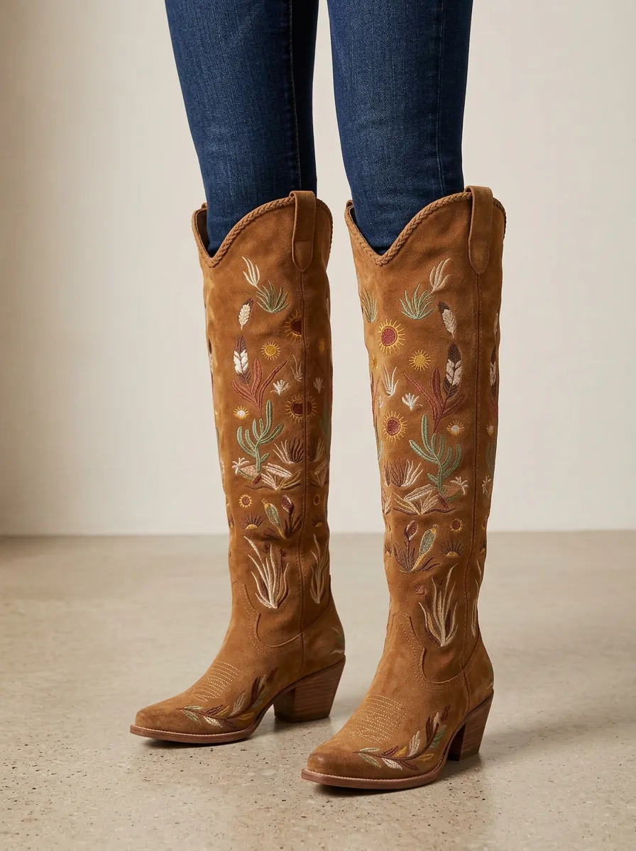Women's Western Floral Feather Embroidered Braided Pointed-Toe Block-Heel Denim Over-the-Knee Boots