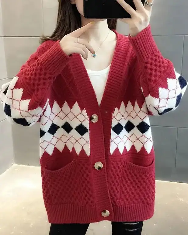 Acrylic-Blend Polyester-Blend Button-Front V-Neck Cardigan