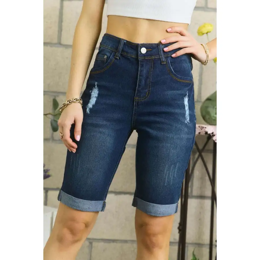 Distressed Denim Shorts with Pockets