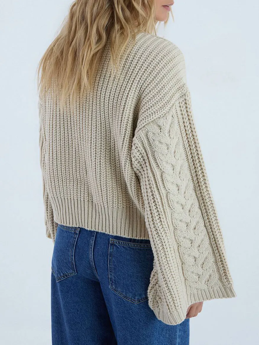 Cream Beige Argyle Print Cable Knit Sweater