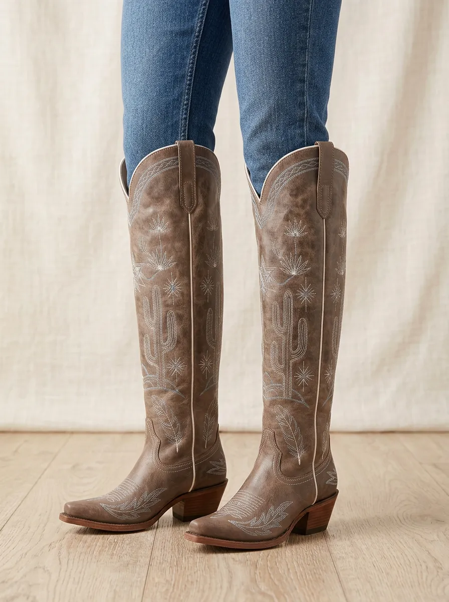 Women's Western Cactus Feather Star Embroidered Piped Pointed-Toe Denim Over-the-Knee Boots