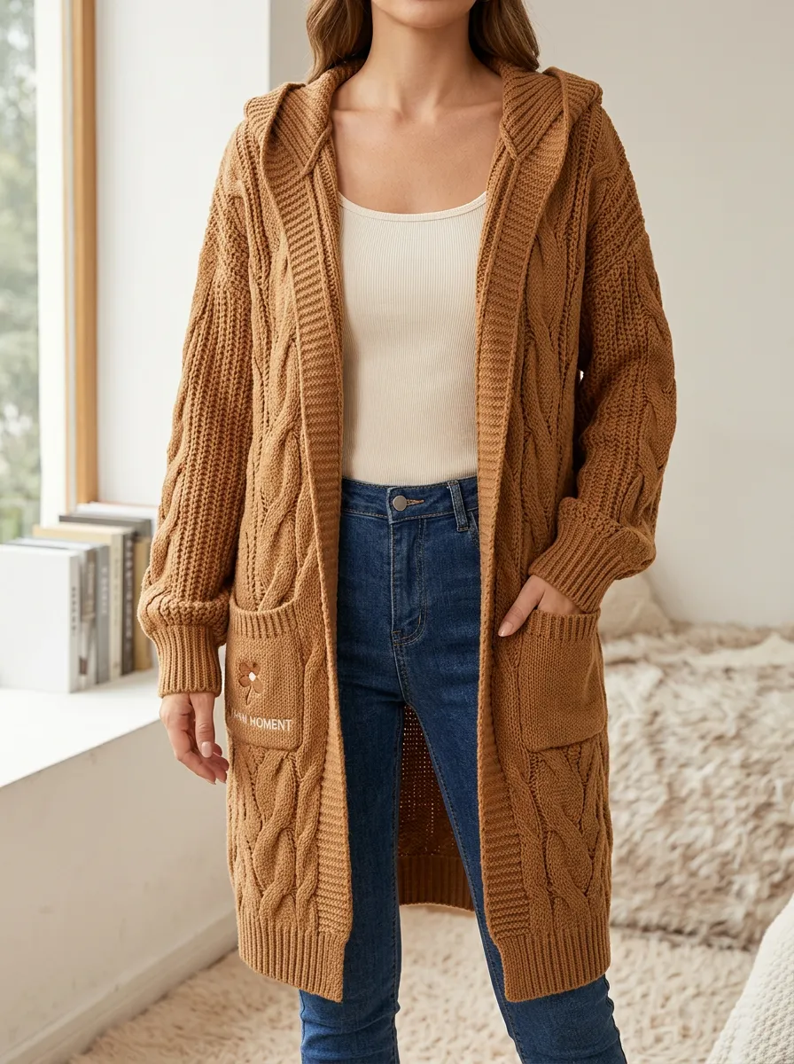 Women's Flower Embroidery Cable Knit Hooded Long Cardigan