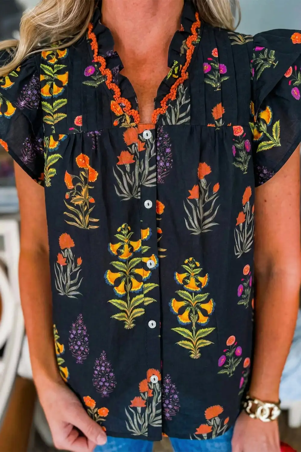 Black Floral Print Lace Trim Frilled V Neck Short Sleeve Shirt