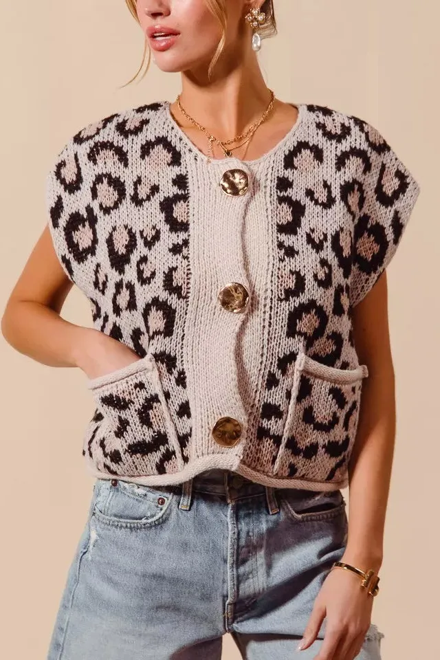 Big Metal Button Front Leopard Sweater Vest Top