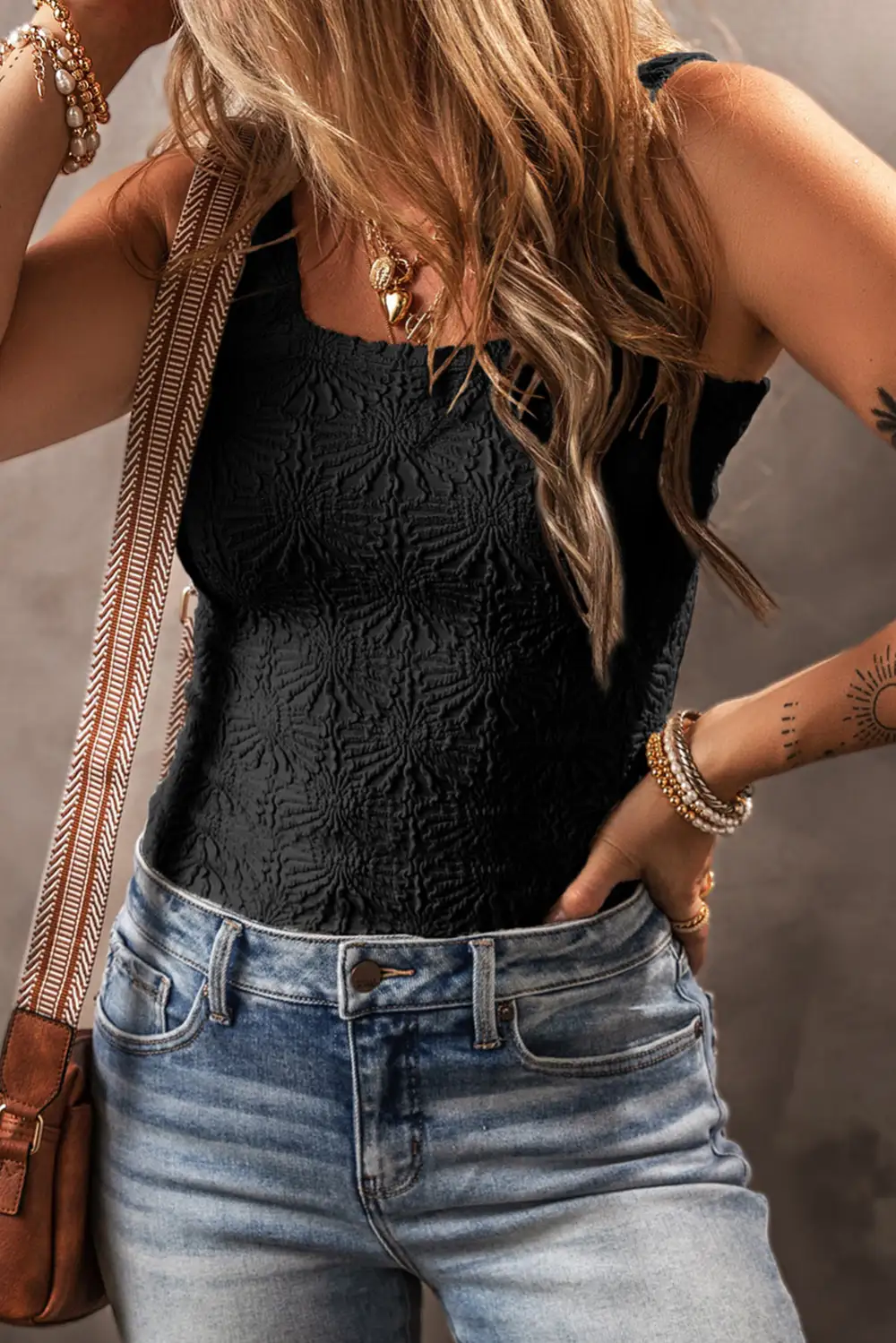 Downtown Floral Jacquard Square Neck Tank Top