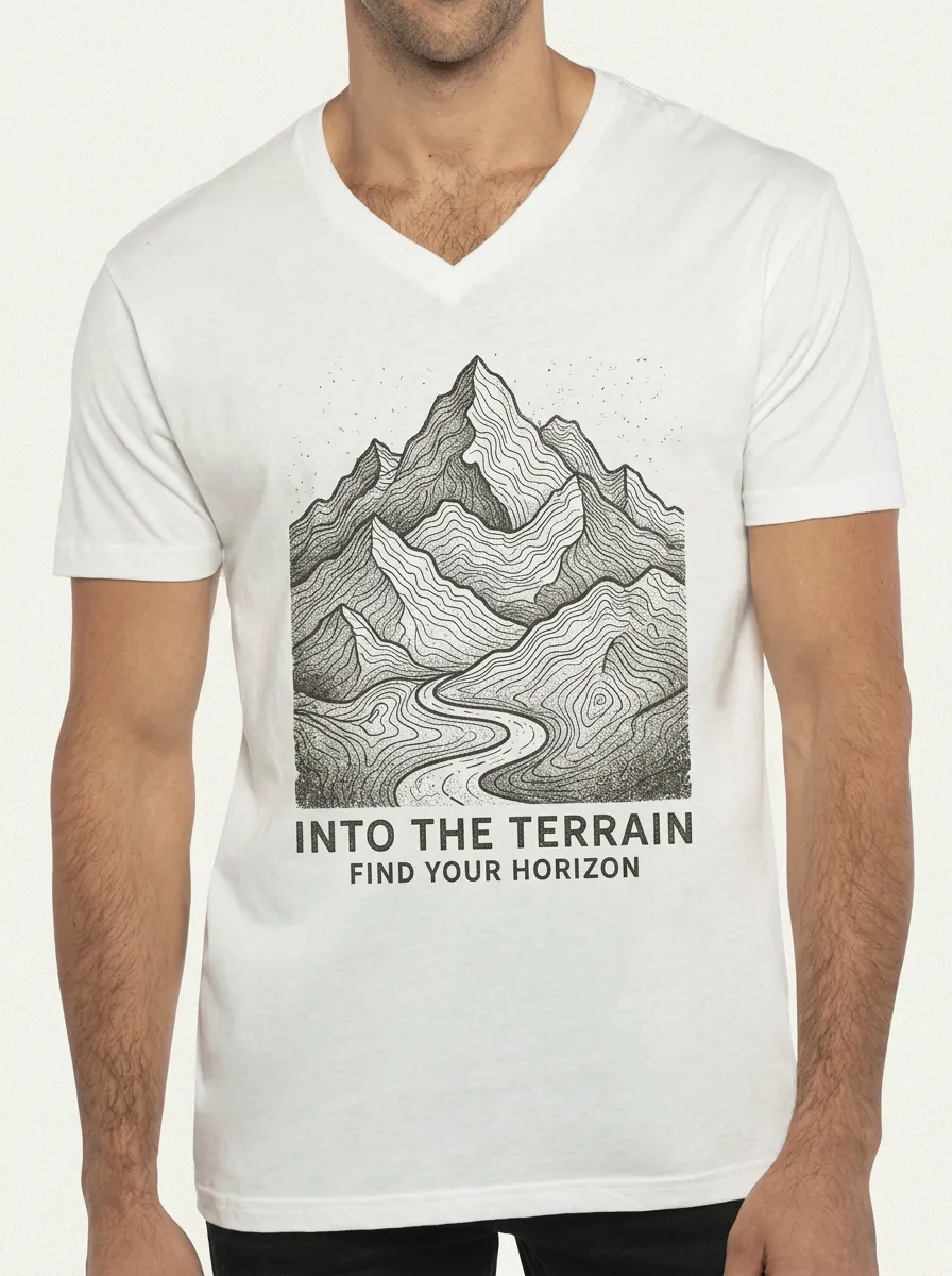 Men's Outdoor Adventure Mountain Landscape Printed V-Neck T-Shirt