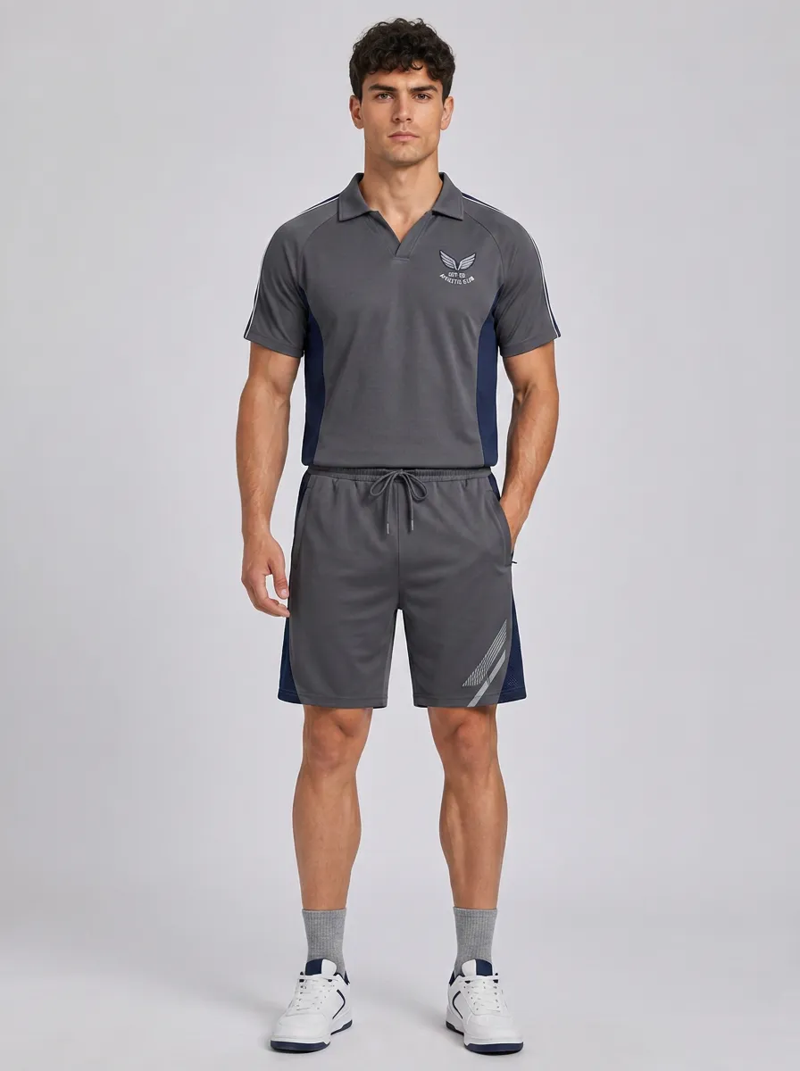 Men's Athletic Sports Wing Logo Printed Polo Shirt and Shorts Set