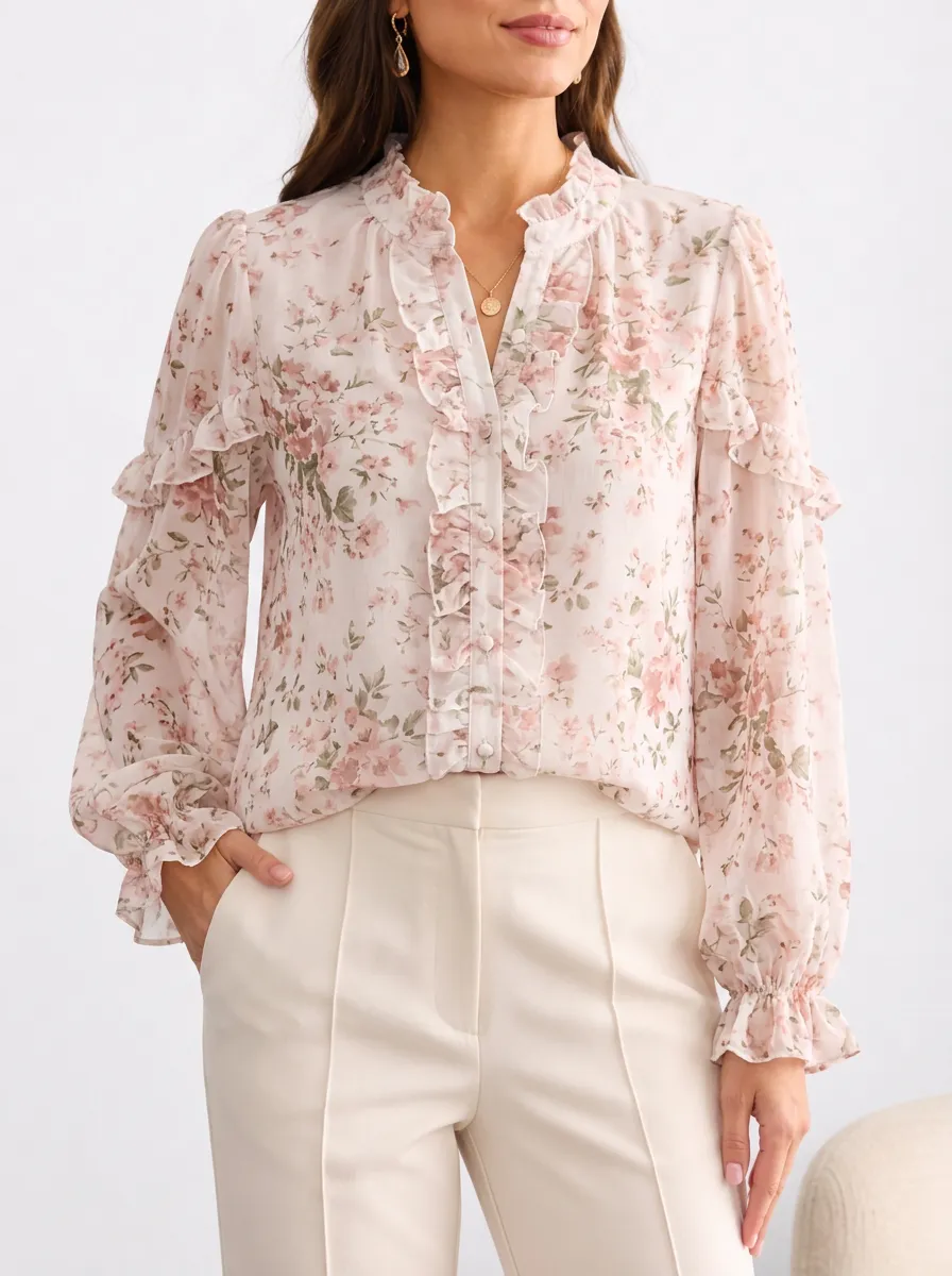Women's Floral Print V Neck Blouse