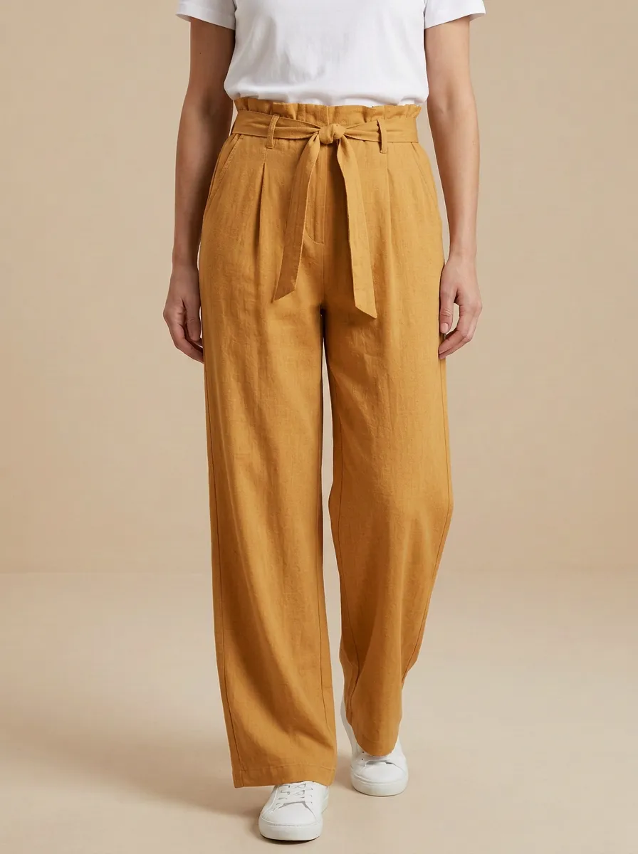Women's Casual High-Waisted Tie-Front Linen Trousers