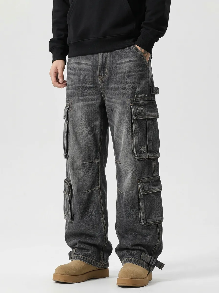 Men's Streetwear Washed Black Multi-Pocket Printed Cargo Pants