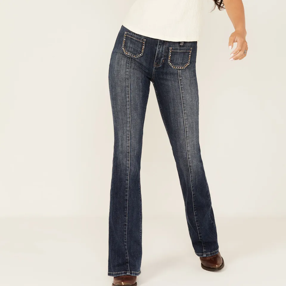 High Rise Flare Stretch Denim Studded Jeans