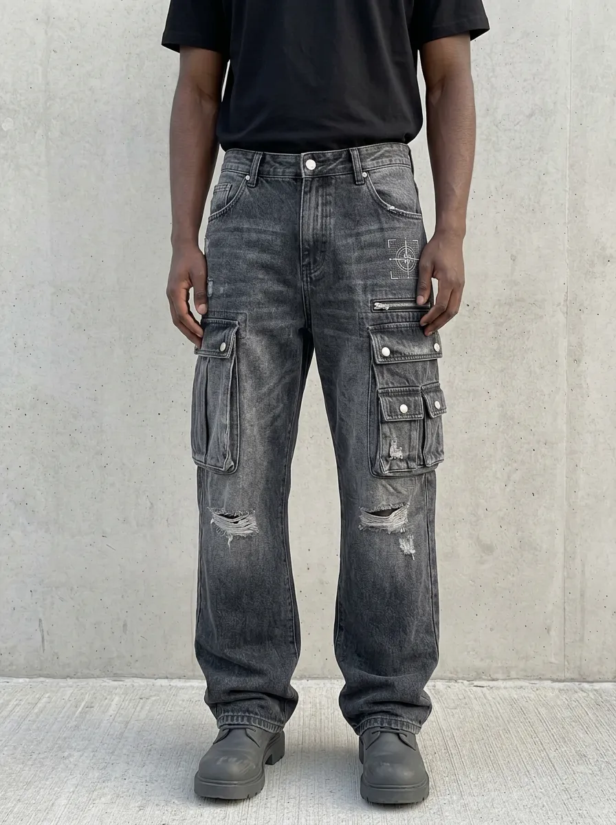 Men's Washed Black Graphic Detail Zip-Pocket Relaxed Denim Cargo Pants