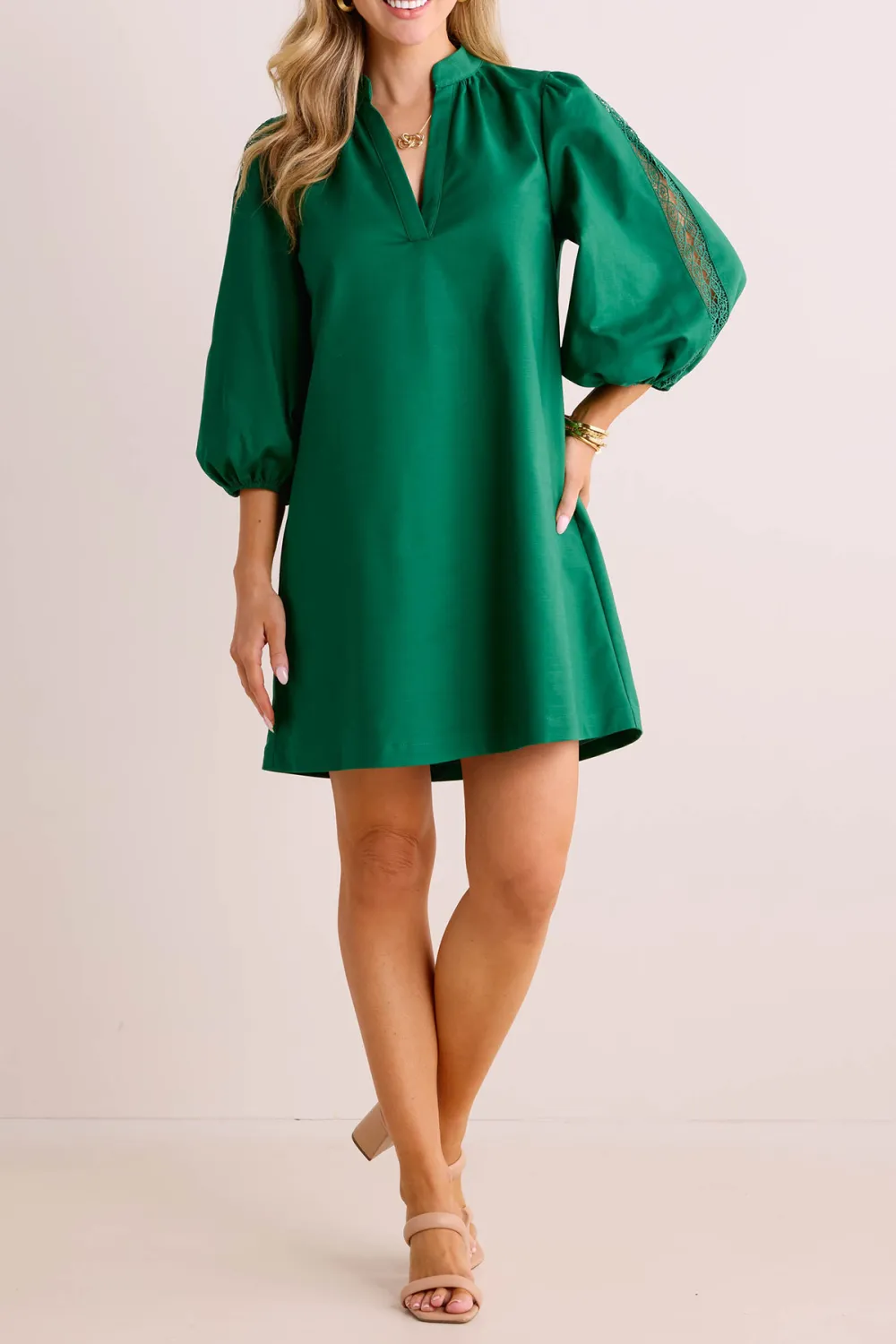 Green Stand Collar Puff Sleeve Shift Dress
