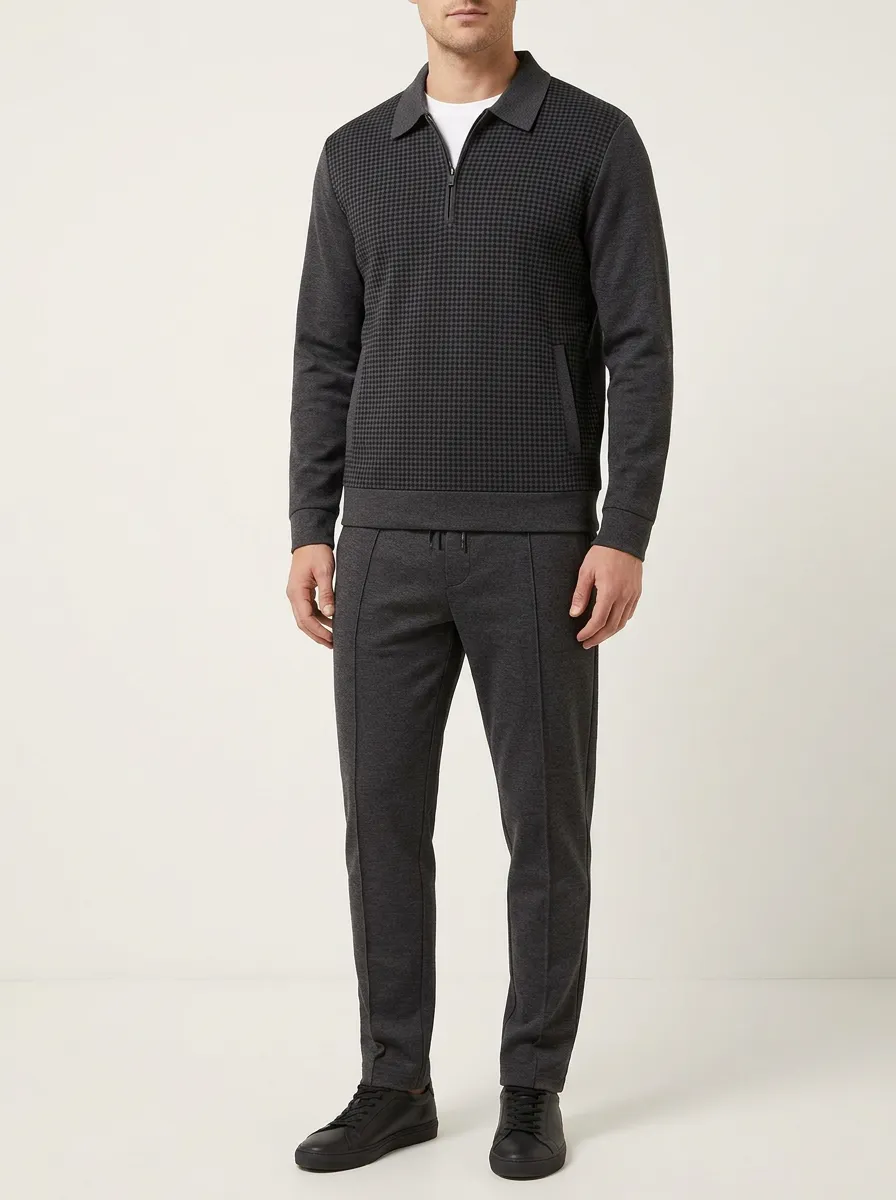 Men's Refined Houndstooth Polo Collar Jacket and Jogger Pants Set