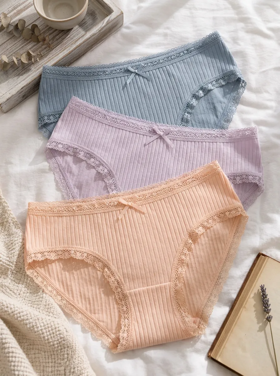 Women's Bow Detail Lace Trim Ribbed 3-Pack Underwear Set