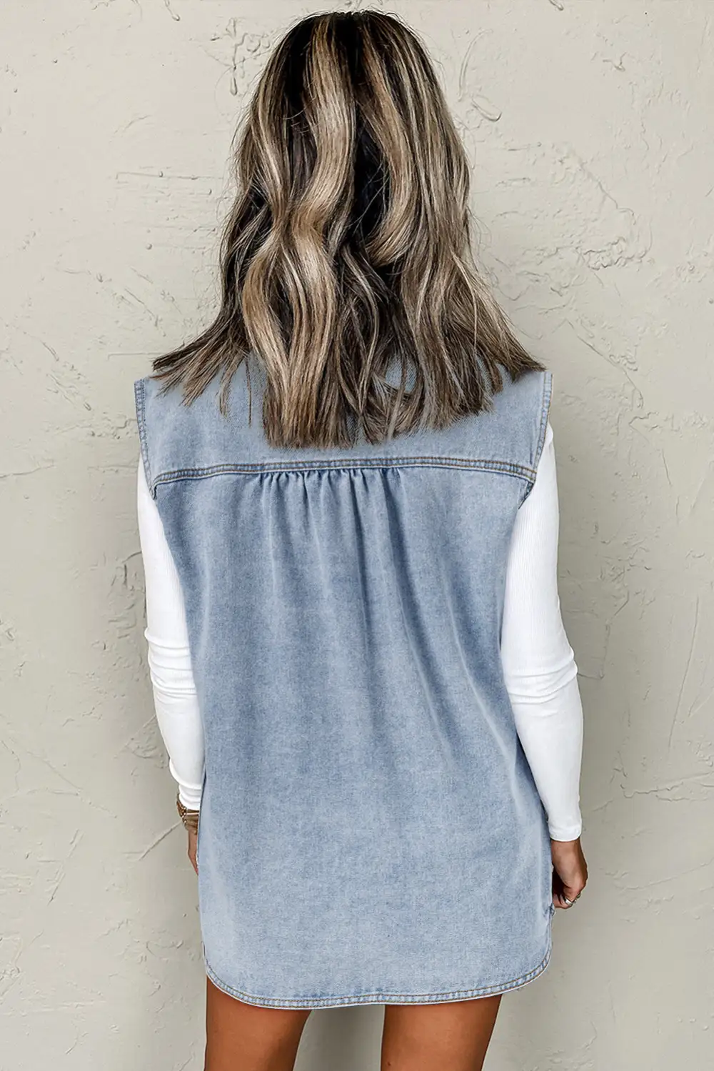 Flap Pocket Curved Hem Denim Vest